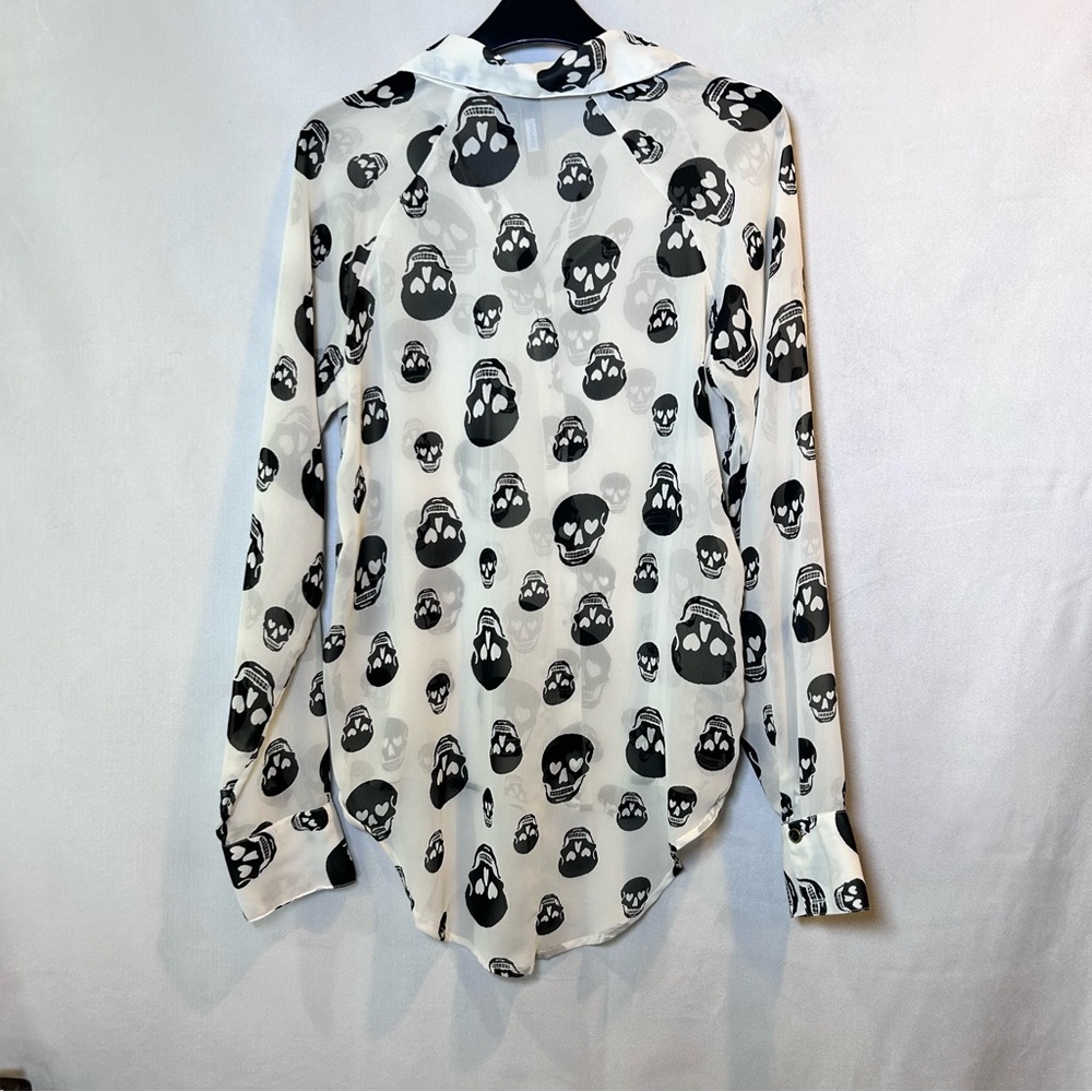 Fun & Flirt Sheer White Blouse, Black Skull Print Long Sleeve Button Down Size S - Picture 2 of 6
